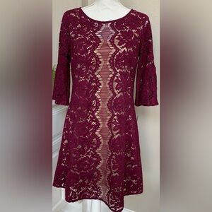 NWOT Gabby Skye Burgundy Lace A-Line Bell Sleeve Dress